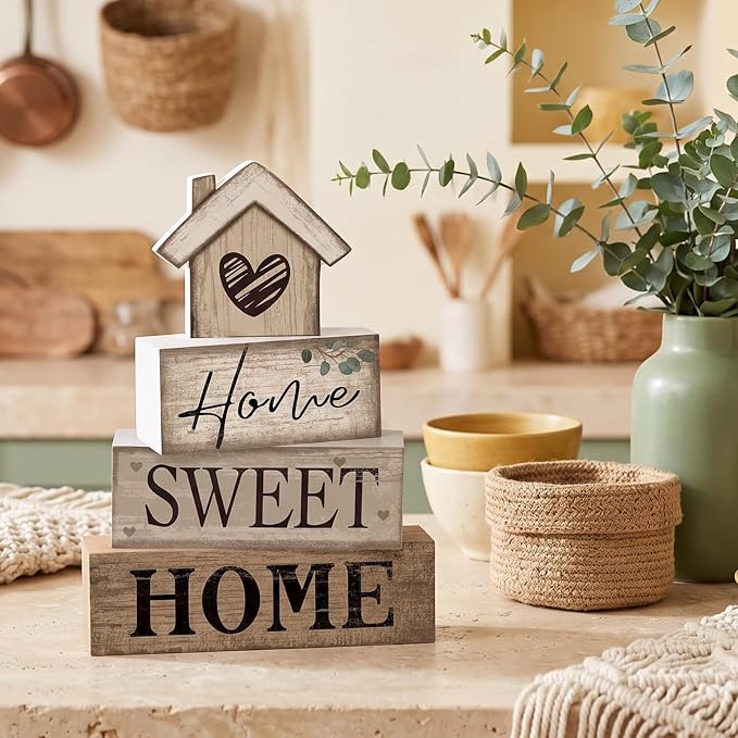 Moucuny 4 Pcs Farmhouse Table Decor Rustic Home Sweet Home Tiered Tray - Image 4