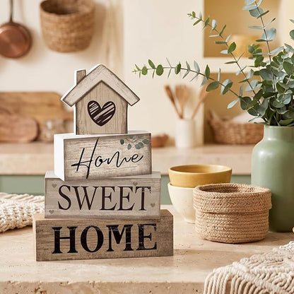 Moucuny 4 Pcs Farmhouse Table Decor Rustic Home Sweet Home Tiered Tray - Image 4