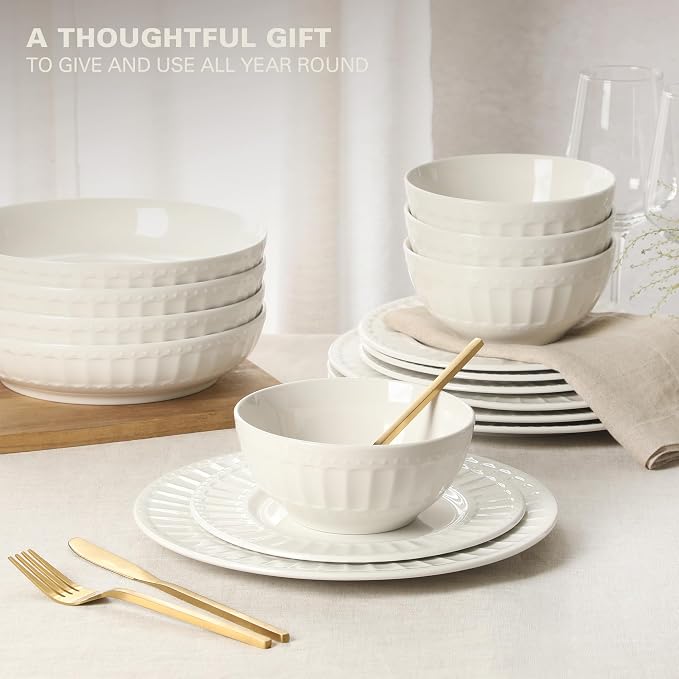 Gibson Home Melbourne White Plates and Bowls Set, 16 Piece Embossed Ceramic - Image 4