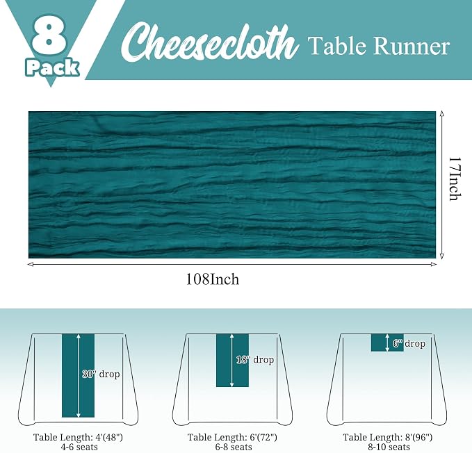 8 Pack Teal Table Runner 17 x 108inch Cheesecloth Table Runner Boho Gauze Table - Image 3