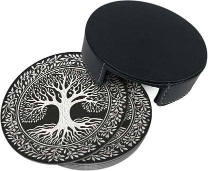 Drink Coasters with Holder Stand Set of 6, Tree of Life Stamp Pu Leather - Image 8