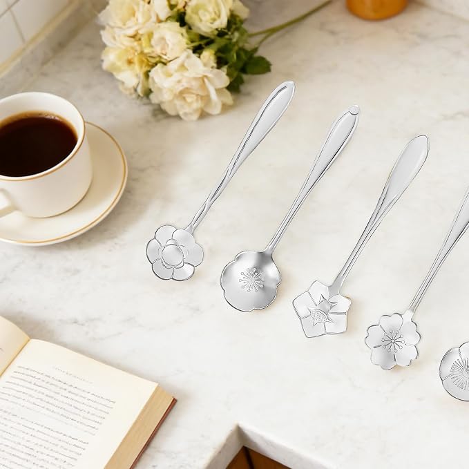 8-Piece Silvery Flower Tea Spoon Set | Stainless steel gold spoons; - Image 7