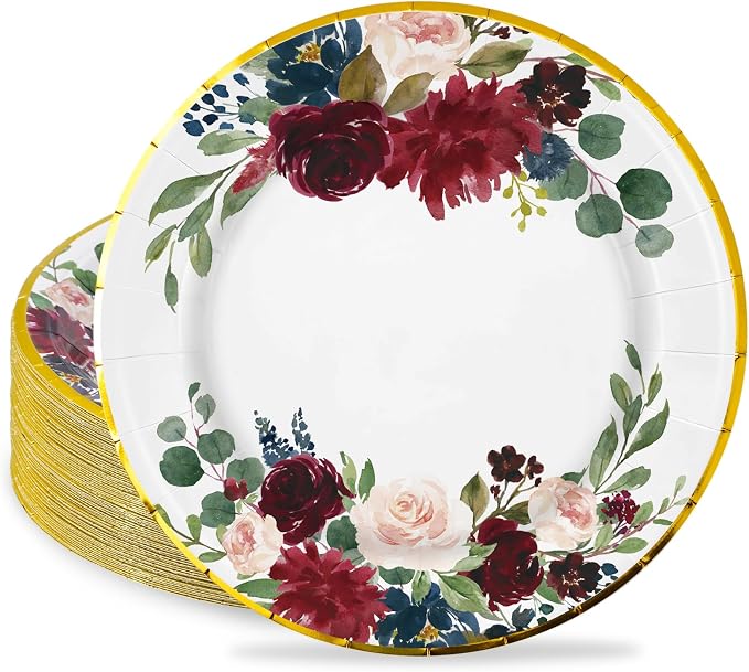 JarThenaAMCS Floral Leaves Paper Plates Disposable Watercolor Red Flower Plates by JarThenaAMCS