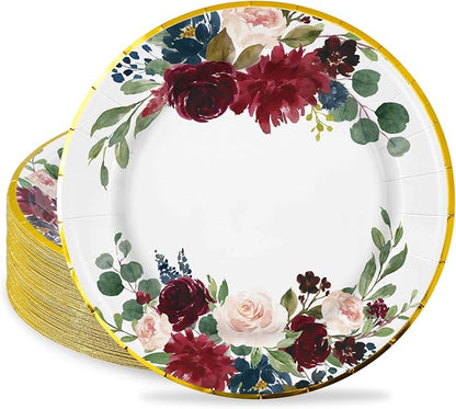 JarThenaAMCS Floral Leaves Paper Plates Disposable Watercolor Red Flower Plates by JarThenaAMCS