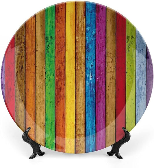 Decorative Plates, Abstract Print Ornament, Vibrant Wooden Artistic Cheerful Art Rainbow Image, 7 Inch, 1 Plate with 1 Display Stand, Multicolor