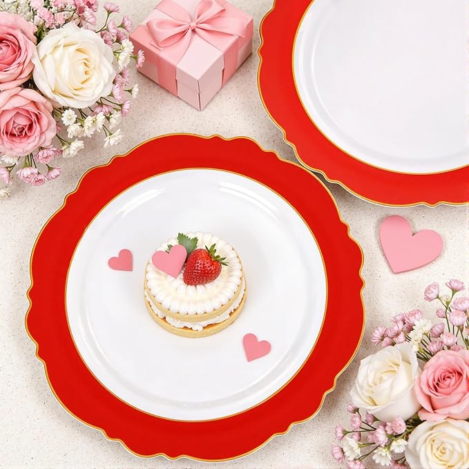 60pcs Red Plastic Plates with Gold Rim - Image 6