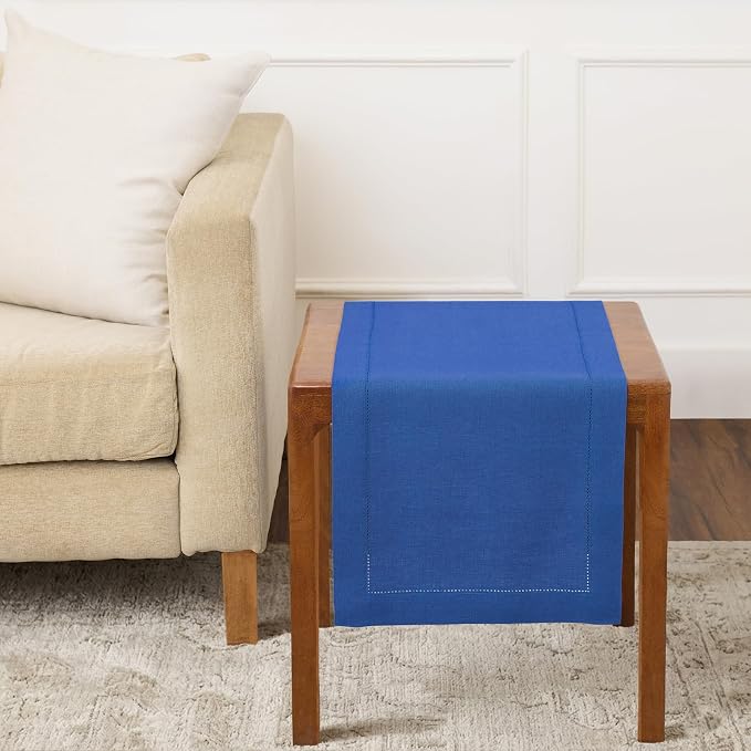 Solino Home 100% Pure Linen Table Runner Blue, Classic Hemstitch 14 x 36 in | by SolinoHome