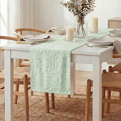 Artoid Mode Sage Green Soft 3D Jacquard Leaves 100%Cotton Spring Table Runner - Image 3