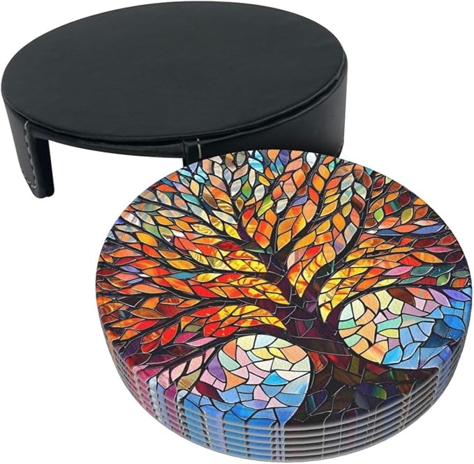 Drink Coasters with Holder Stand Set of 6, Tree of Life Stained Glass Pu - Image 9