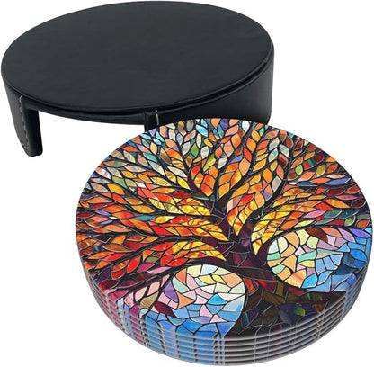 Drink Coasters with Holder Stand Set of 6, Tree of Life Stained Glass Pu - Image 9