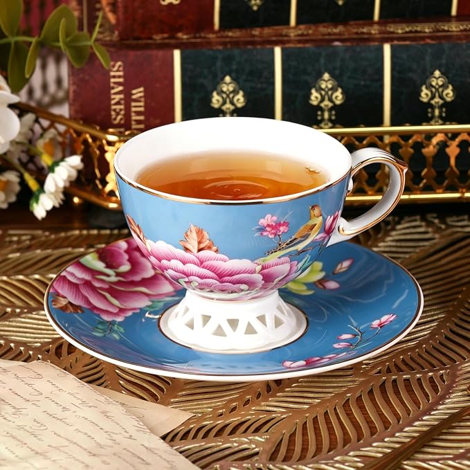 KAMMAK Tea Cups and Saucers Set of 2, Fine Bone China Coffee Cups, GH019 | - Image 4