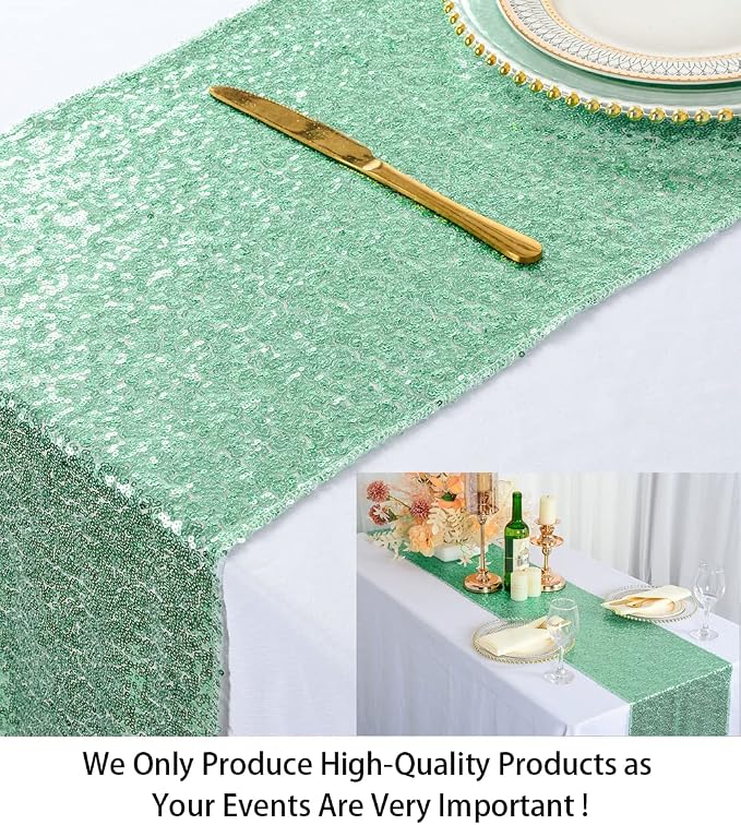 ShiDianYi 12''*72'' Mint Green Sequin Table Runner Sparkly Metallic Sequin - Image 2