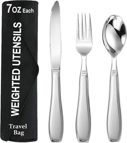 Weighted Utensils for Hand Tremors and Parkinson's Patients-Adaptive Utensils-3 Piece Set Weighted Silverware for Elderly, Arthritis, Weak Hand Grip.Gifts for Parkinsons Patients
