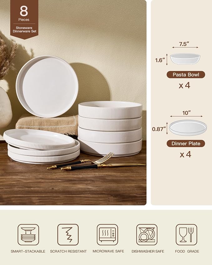 Stoneware Dinnerware Set for 4, 8-Piece Wide Pasta Bowls and Salad Plates | - Image 2