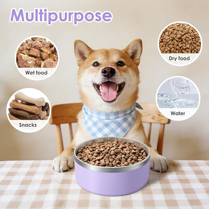 IKITCHEN Dog Bowl for Food and Water, 64 Oz Stainless Steel Pet Feeding Bowl, Durable Non-Skid Insulated Heavy Duty with Rubber Bottom for Medium Large Dogs (64 Ounces/8 Cup, Light Purple)