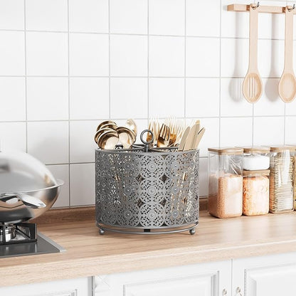 Rotating Utensil Caddy Countertop - Higher Raised Cutlery Caddy Holder - Metal Silverware Caddy Organizer with 4 Compartment for Kitchen Counter Party Office Silver