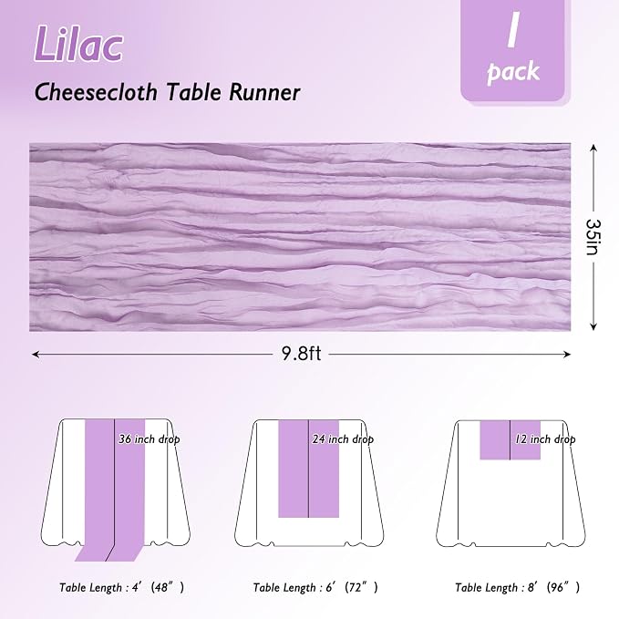 3 Pack Lilac Purple Cheesecloth Table Runner 120 Inch Boho Wedding Decor | - Image 2