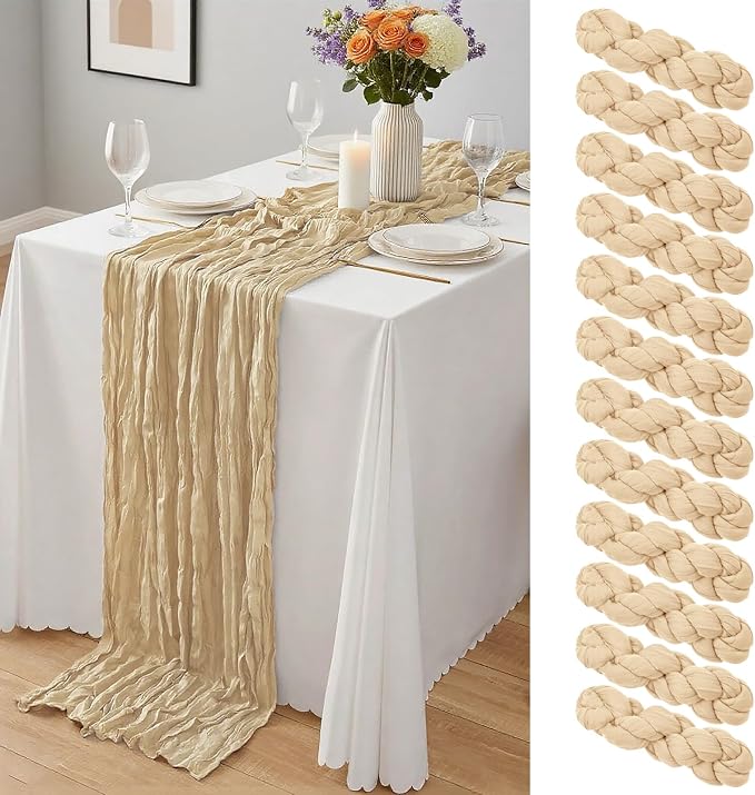 12 Pack Beige Cheesecloth Table Runner 10Ft, Gauze Table Runners 21.5 x 120 inch by Yemosa