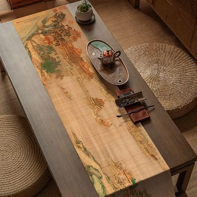 Asian Style Bamboo Table Runner, Ancient Chinese Paintings Zen Table Mat by Unknown