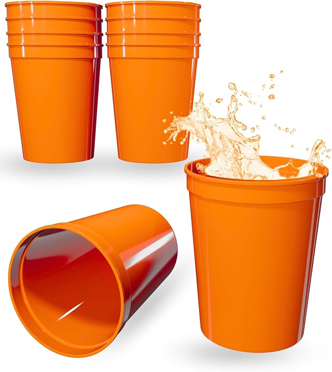 PartyPrints 10 Pack 16 oz Orange Reusable Blank Plastic Cups, Stadium Cups Bulk by PartyPrints