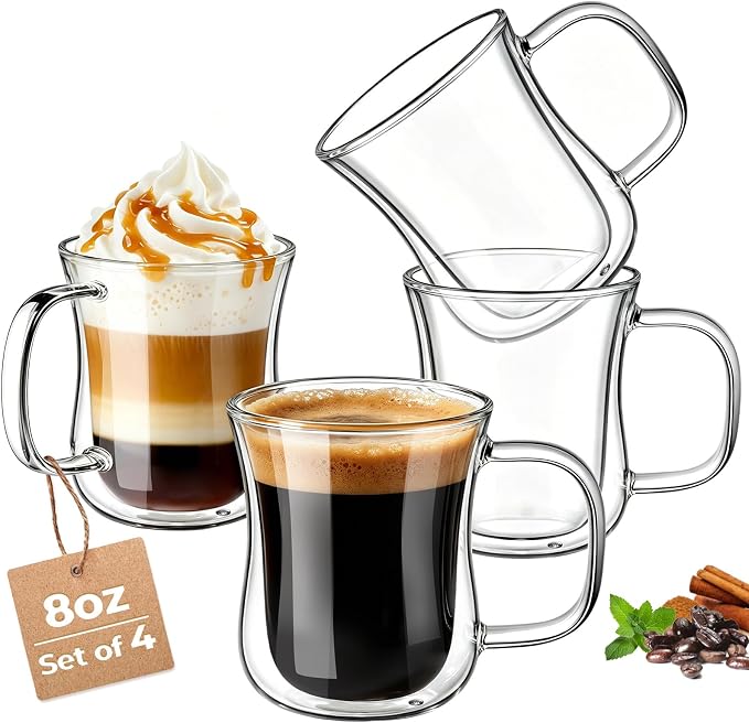 ecooe 8 Oz Double Walled Glass Coffee Cups Latte Cappuccino Cups Set of 4 by ecooe
