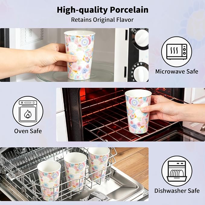 13.5 oz Floral Ceramic Tea Cup without Handle, Translucent Rice Grain Porcelain - Image 5
