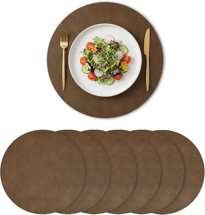 Artoid Mode Brown Faux Leather Placemats Set of 6, 15 Inch Waterproof Wipeable Heat Resistant Vinyl Place Mats, Reversible Table Mats for Kitchen Dining Decor