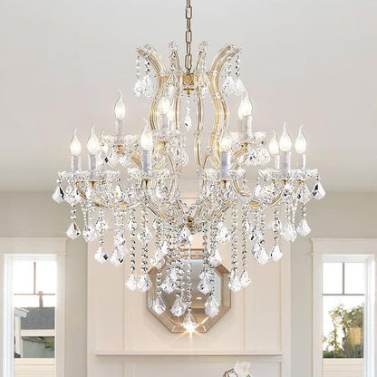 Modern Gold Chandelier Light Fixture - Large Maria Theresa Crystal Chandeliers for Dining Room, Kitchen Island, Living Room, Bedroom, 15 Lights, 2 Layers