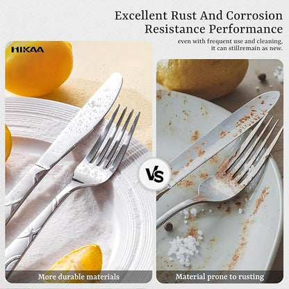 HIKAA 60PCS Stainless Steel Silverware Set, Modern Flatware Set for Kitchen, Mirror Polished Cutlery Set with Forks, Spoons and Knives，Dishwasher Safe