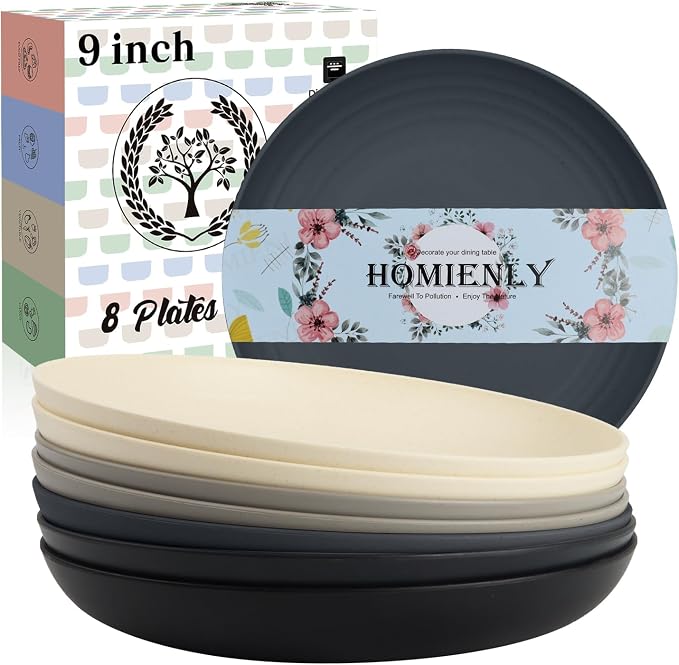 Wheat Straw Plates Set of 8, Reusable Lightweight and Unbreakable 9 inch Plates by HOMIENLY