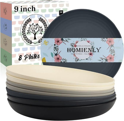 Wheat Straw Plates Set of 8, Reusable Lightweight and Unbreakable 9 inch Plates by HOMIENLY