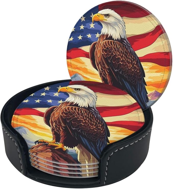 Eagle Stars Stripes Flag Leather Coasters Set of 6 - Image 6