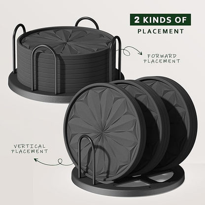 Coasters Set of 8 for Drinks with Holder, 4" Large Silicone Coasters for Coffee Table, Deep Tray Non-Slip Drink Coasters for Table Protection, Heat Resistant & Dishwasher Safe, Black