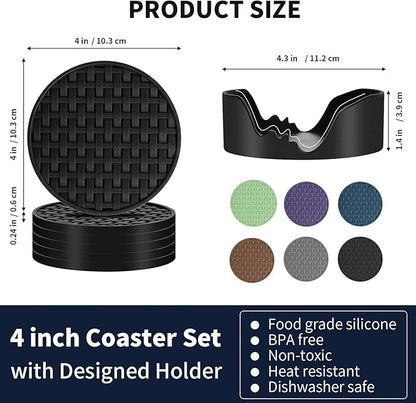6 Pcs Silicone Coasters for Drinks Black, 4 Inches Heat Resistant Cup Mats, Non-Slip Waterproof Table Protectors for Coffee Mugs, Cups - Home Kitchen Office Decor