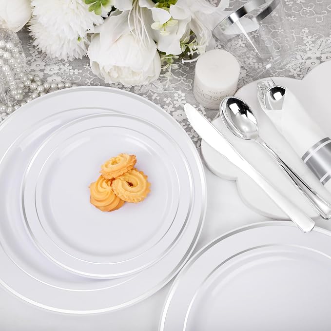 WELLIFE 210 Piece Silver Plastic Dinnerware Set - Image 4