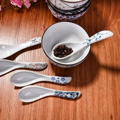 Japanese Style Ceramic Soup Spoons Set of 5, and Painted Porcelain Blue and - Image 4