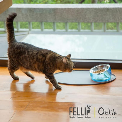 Felli Pet Oblik Whisker Fatigue Cat Food Bowl Raised Stainless Steel Shallow Dish, Pet Design Anti Vomit Tilted Metal Plate Feeder Elevated Acrylic Base(Sapphire, 0.5 Cups Shallow Dish)