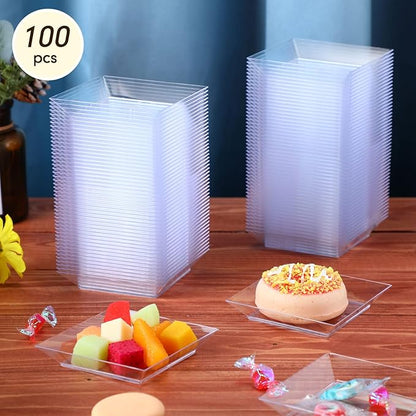 Zhehao 100 Pcs Plastic Dessert Appetizer Plates Disposable, 3.6 x 3.6 Inch Small Square Plastic Dessert Cake Plate for Party, Valentine's Day Wedding Birthday Bridal Baby Shower Supplies (Clear)