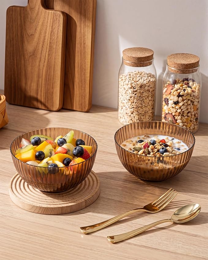 bUCLA 12 PCS Plastic Cereal Bowls Set - 28 Oz Clear Brown Disposable Vertical - Image 8