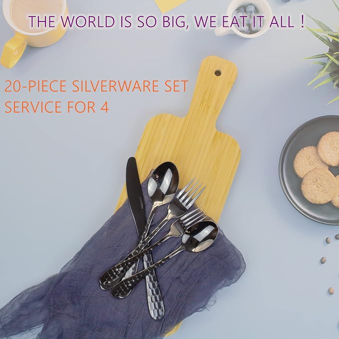 Hammered Silverware Set for 4, 20-Piece Black Flatware, 18/10 Stainless Steel - Image 6