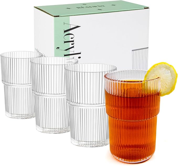17oz Ribbed Acrylic Drinking Glasses, Unbreakable Plastic Tumblers – Dishwasher by R%C3%89%CE%91LW%C3%81Y