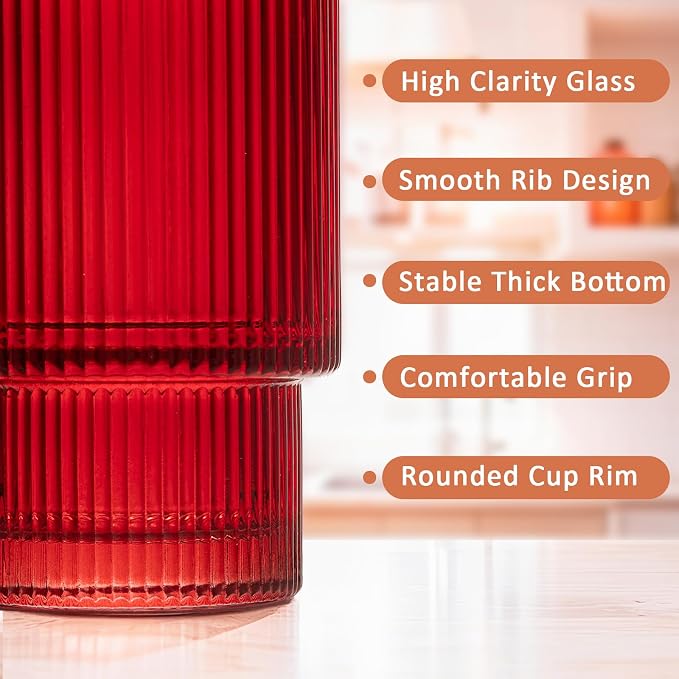 XKXKKE 12 oz Ribbed Drinking Glasses Set of 12, Highball Glass Cups Ridged - Image 2