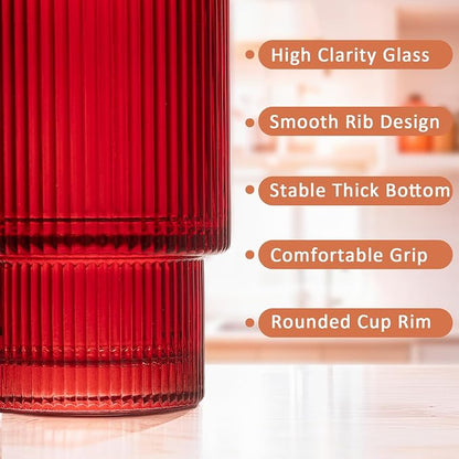 XKXKKE 12 oz Ribbed Drinking Glasses Set of 12, Highball Glass Cups Ridged - Image 2