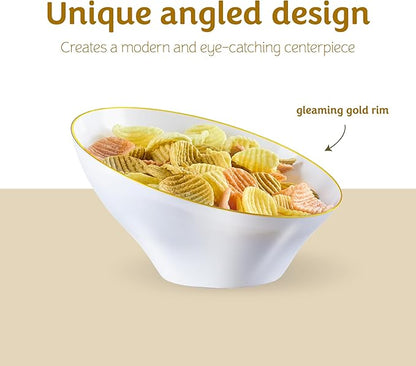 PLASTICPRO Angled Plastic Bowls Disposable Medium Plastic White Serving Bowls with Gold Rim for Party for Appetizer Salads Pack of 4