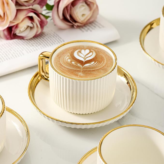 LETAOTAO Cappuccino Cups with Saucers, 8oz Ceramic Coffee Cups with Saucers Set - Image 7
