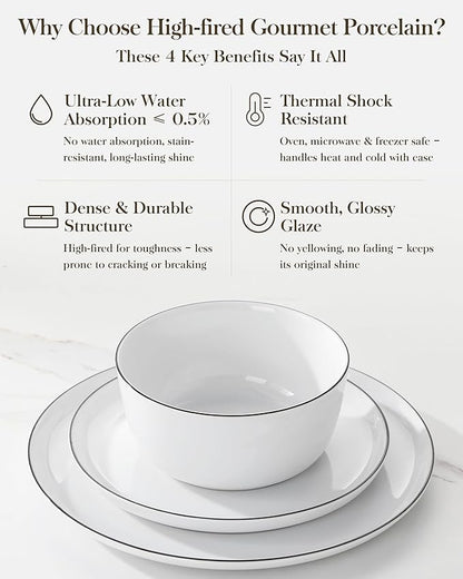 MALACASA 24 Pieces Gourmet Porcelain Dinnerware Sets, Premium Plates and Bowls Set, High-Fired Dishes Set for 6, Chip & Scratch Resistant, Microwave Dishwasher Safe, White & Black Rim, Series LEXI
