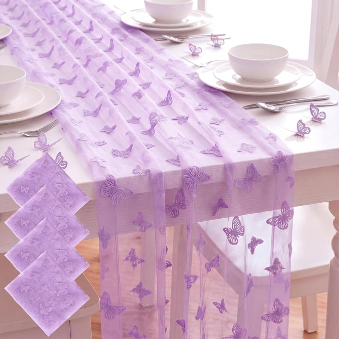 4 Pcs Butterfly Table Runner 29 x 70 Inch Purple Flocking Butterfly Tulle Table by Windkream