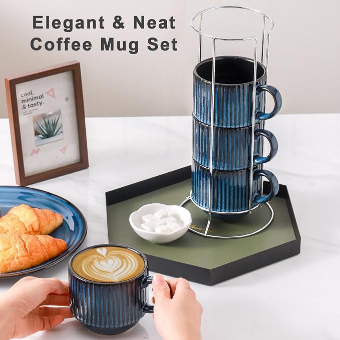 HASENSE 15 Oz Ribbed Stackable Coffee Mug Set of 4, Ceramic Latte Cups - Image 2