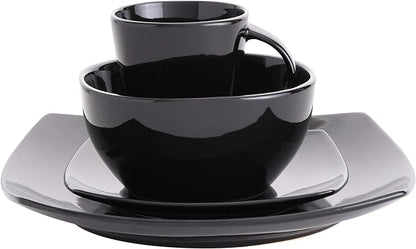 Gibson Elite Soho Lounge Square Reactive Glaze Stoneware Dinnerware Set, Service for 4 (16pc), Black