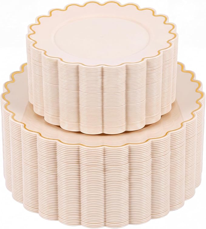 LIYH 100 Pcs Pink Plastic Plates Set, Wide Gold Scalloped Edge by LIYHLoveinyourheart